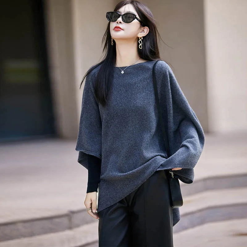 Autumn New 100% Merino Wool Shawl Pullover For Women Soft Solid Cashmere Knitwear Shawl Scarf Female Popular Sweater Grace Tops