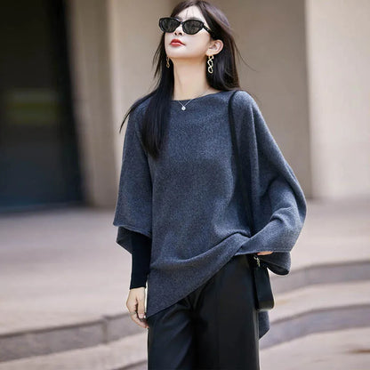 Autumn New 100% Merino Wool Shawl Pullover For Women Soft Solid Cashmere Knitwear Shawl Scarf Female Popular Sweater Grace Tops
