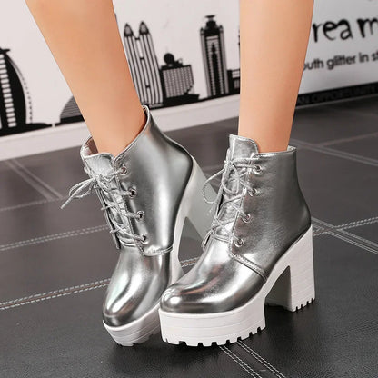 British Silver Gold Ankle Boots Women High Chunky Heels Dress Lady Round Toe Lace-up Spring Autumn Vintage Platform Short Boots