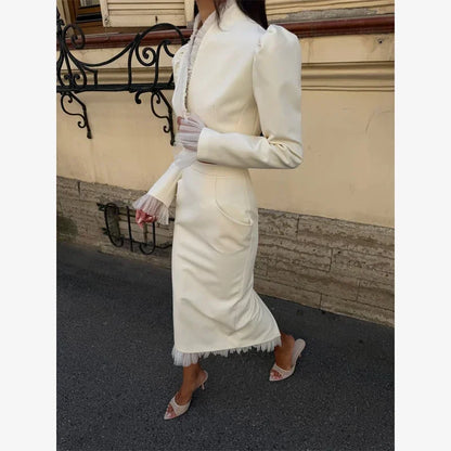 White Women's mesh two piece set Puff Sleeve V Neck blazer two piece dress set Daily Commuter Party  Outfit 2026 Summer Style