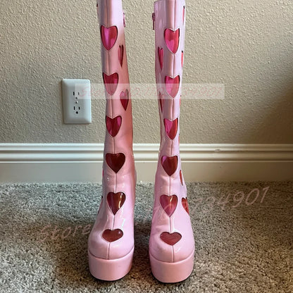 Cutout Heart Window Platform Knee High Boots Women Pink PVC Hollow Round Toe Block Heels Shoes Lady Y2K Street Fashion Boots
