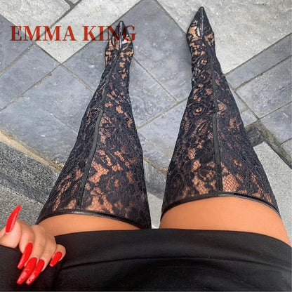 Spring Women Lace With PVC Thigh High Boots Sexy Pointed Toe Stiletto High Heels Transparent Over The Knee Boots Bigger Size 44