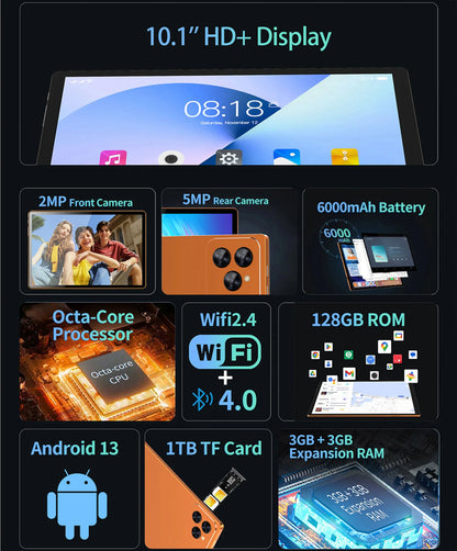 BDF-i17 Phone Tablets 10.1 Inch Octa Core 6GB RAM 128GB ROM Dual SIM Cards Call WiFi Bluetooth Google Play Tablet PC Android 13