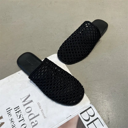 2026 Summer New Woven Flat Sandals Brathable Cover toe Slippers for Casual Outwear Women Hollow-out Casual Knitting Slides