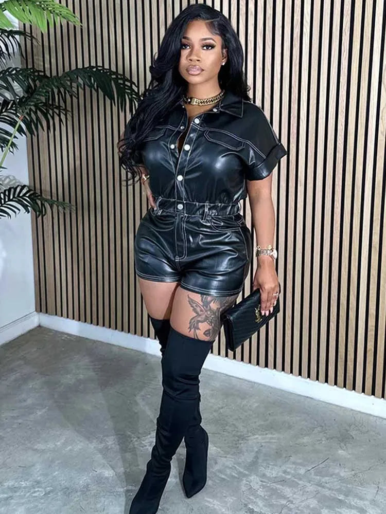 Youthful Woman Clothes Elastic Waist Summer Jumpsuits Leather Sexy Casual Jumpsuits and Rompers Shorts Wholesale Dropshipping