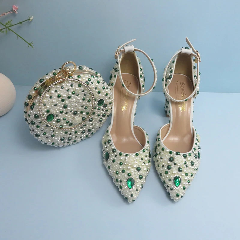 BaoYaFang Green Pointed Toe Pearl Bridal Wedding Shoes and Bag Thin Heel Slingbacks Female Ladies Party Shoe Shallow Women Shoes