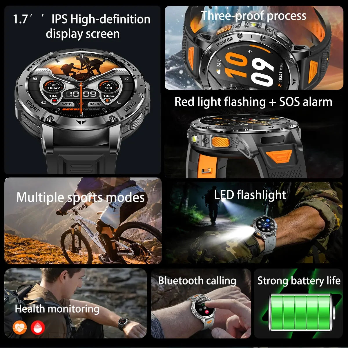 TANK Ultra Outdoor Smartwatch 1400mAh Battery Military Watches Waterproof Two-color Tactical LED Flashlight Men Sports Bracelet