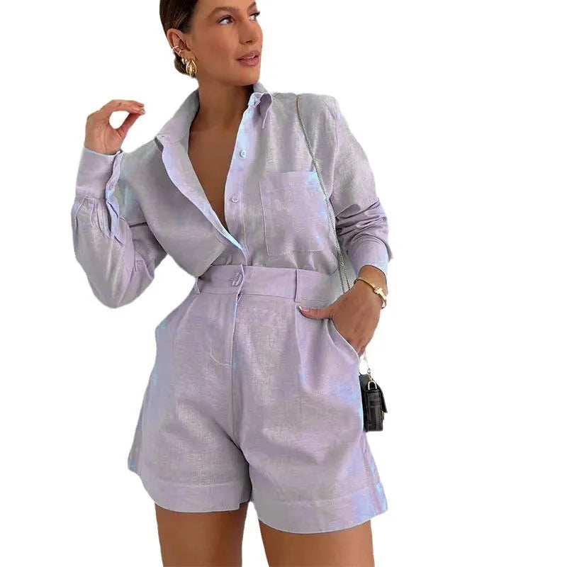Women's Long Sleeve 2-Piece Set Casual Button Detail Shorts Outfit with Shirt Top Summer Fashion Female Suit