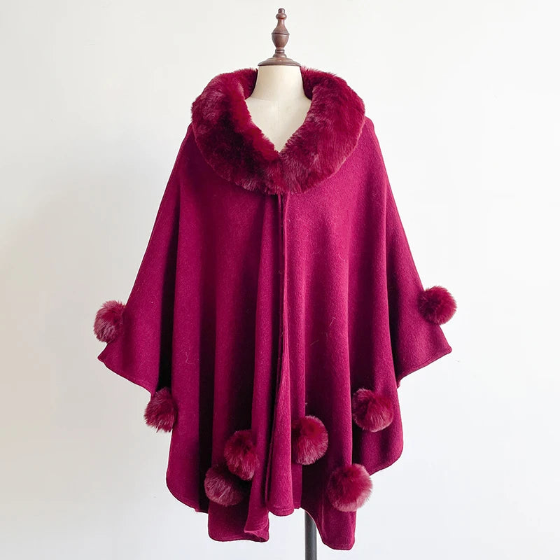Winter New Thicken Women's Mink Wool Full Trims Faux Fur Cape - Hooded Loose Fleece Cloak Coat for Party Dress Wraps Warm