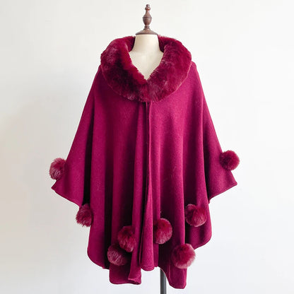 Winter New Thicken Women's Mink Wool Full Trims Faux Fur Cape - Hooded Loose Fleece Cloak Coat for Party Dress Wraps Warm