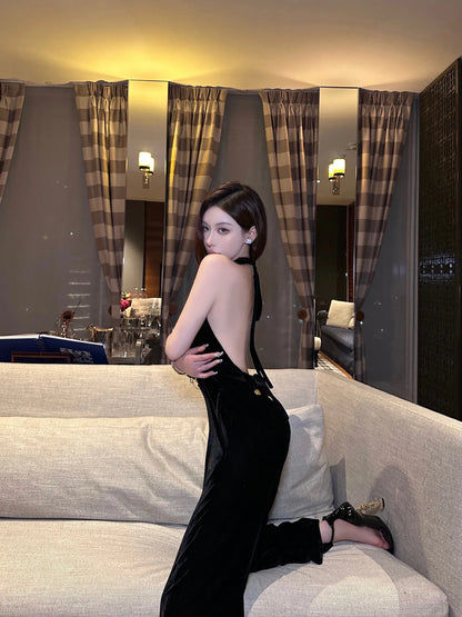 Vintage Luxury High-end Black Jumpsuits Metal Button Slim Sexy V-neck Hang Neck One-piece Pants Women Party Dresses Backless New