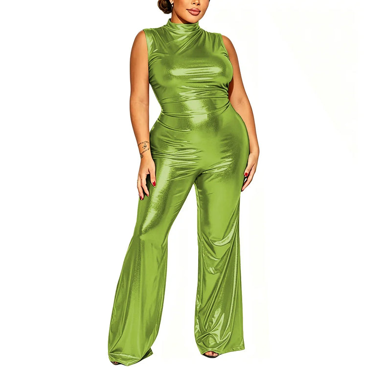Plus Size Nightclub Wear Jumpsuit Shiny Metallic Sleeveless Women Elegant Jumpsuit Sexy Mock Neck Rompers Wide Leg Long Pants