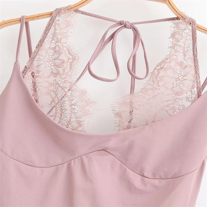 Women's Sexy Nightclub Party Pink Jumpsuit, Spliced Lace Sleeveless Tight-Fitting Jumpsuit, 2026 Fashion Women's Slim Top