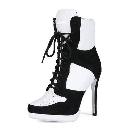Round Toe Sports Lace Up Women's Short Boots 2026 Thick Sole Mixed Color Stilettos Autumn Winter New Street Style Casual Rock Bo