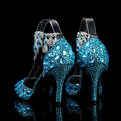 2024 Autumn Slim Heels Shallow Mouth Luxury Blue Water Diamond Pearl Women Single Shoes 9CM Wedding Party Shoes Sandalias Mujer