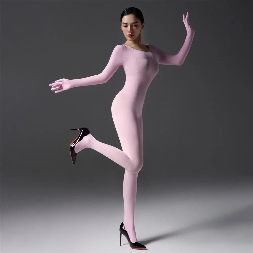 Sexy Women 120D Tights Hooded Mask Elastic Bodysuit Sheer See Through Rompers Glove Jumpsuits Cosplay Maid Leotard