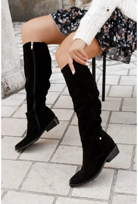 Women's Boots Suede Mid-Calf Boots Low Heel Side Zip Women Casual Shoes Autumn Winter Knee High Boot Retro Plus Size Long Boots