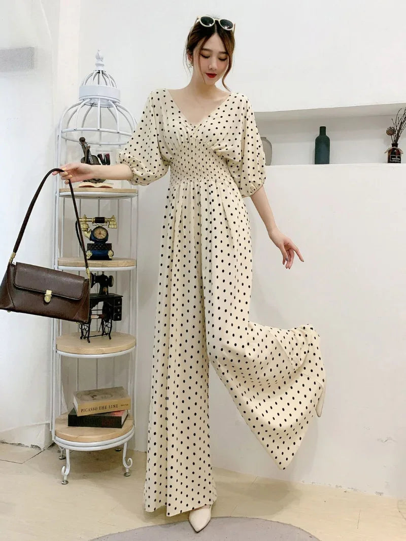 Jumpsuit Women Summer New Temperament Polka Dot V-neck High Waist Casual Wide Leg Jumpsuit Elegant Party One Piece Jumpsuits