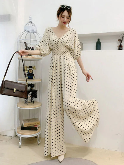 Jumpsuit Women Summer New Temperament Polka Dot V-neck High Waist Casual Wide Leg Jumpsuit Elegant Party One Piece Jumpsuits