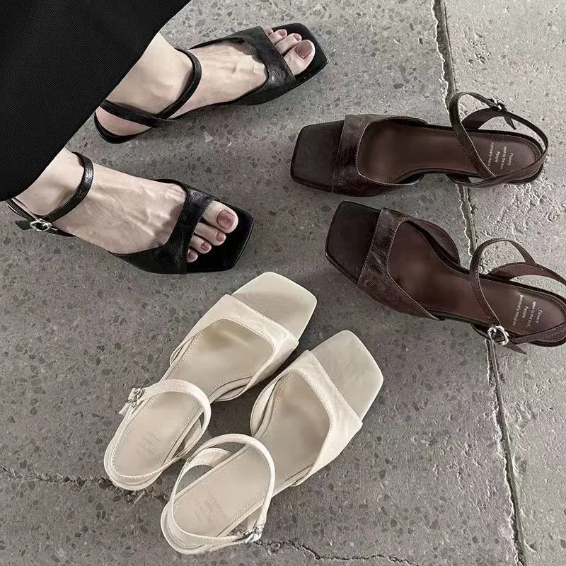 2026 Summer Women's Low Heel Sandals - Fashion Leather Material Suitable for Office Wear and Casual Outdoor Shoes Sizes 35 - 42