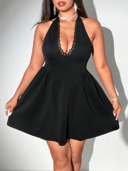 Plus Size Spring/Summer New Arrival Dress V-neck Sensual Lace-trimmed Sleeveless Puff-skirt Evening Gown Solid Colour