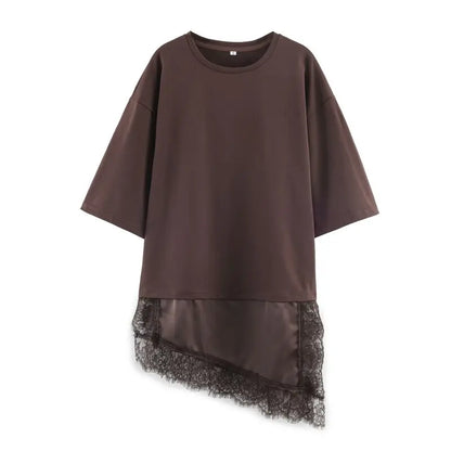 Women's Spring Summer Asymmetric Lace Trim Half Sleeve T-Shirt Back to School Casual Daily Wear Fashion Versatile Top 4 Colors