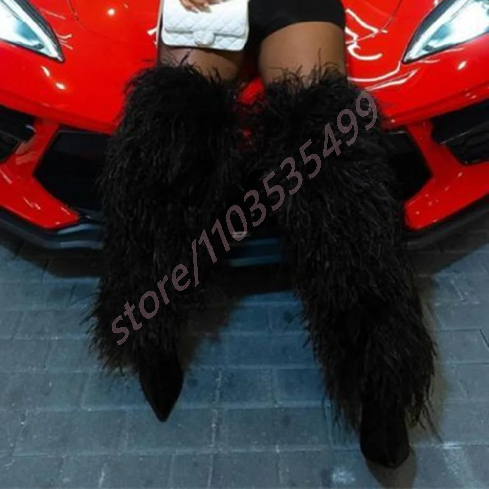 2025 Winter Black Sexy Ladies Catwalk Fur Boots Fashion Street Model Soft Fur Knee-High Stage Boots Pointed Warm Stiletto Boots