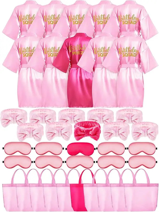 40 Pcs Girls Spa Party Supplies 10 Birthday Squad Princess Robe 10 Tote Bags 10 Headbands 10 Spa Masks for Birthday