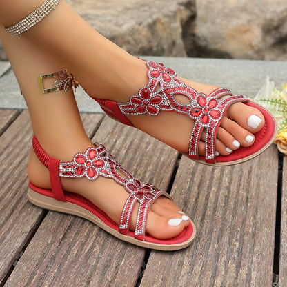 Red Rhineston Floral Elastic Band Sandals for Woman Luxury Crystal Bohemian Vacation Slippers Women Wedge Plus Size 36-43 Shoes