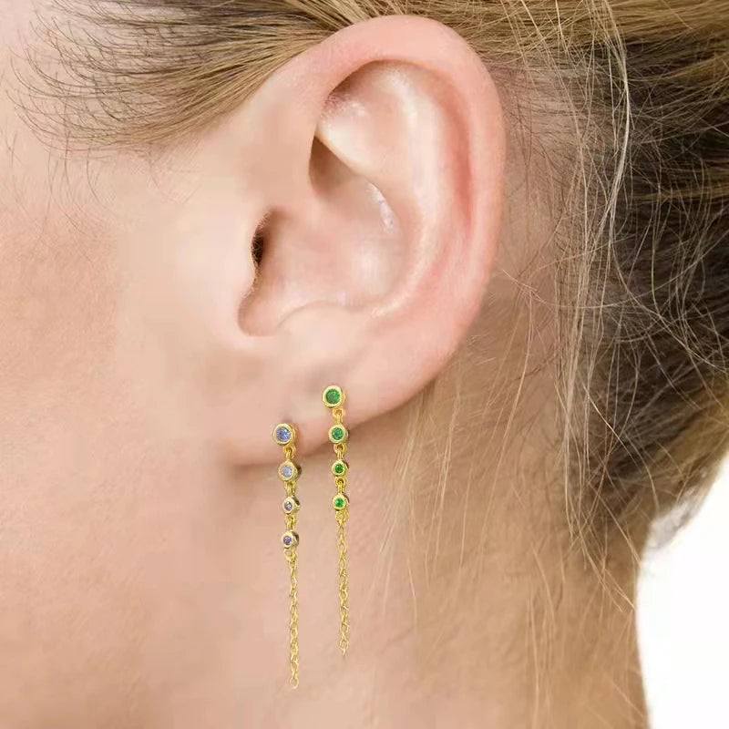 925 Sterling Silver Needle Long Chain Stud Earrings For Women Exquisite Zircon Geometric Tassel Pendant Earrings Luxury Jewelry