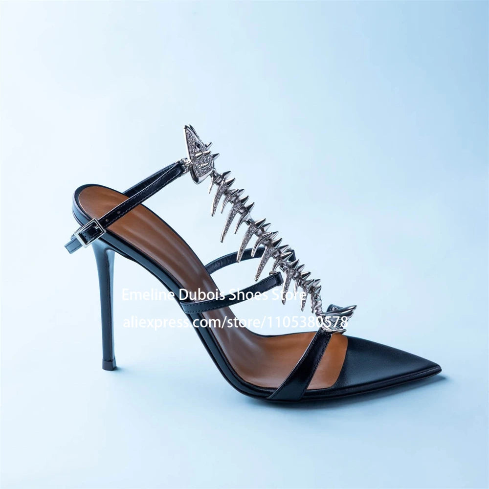 Fish Bone Sandals Rhinestone Slingback High Heels Pointed Toe Stiletto Pumps for Party Evening Sexy Women Summer Shoes Plus Size
