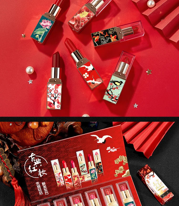 6pcs/set Chinese Style Lipstick Gift Set Box Lasting Moisturizing Nourishing Red Lip stick Cosmetics Women Beauty Makeup Set