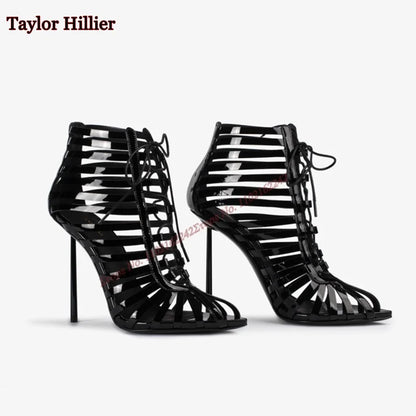 Black Hollow Lace-Up Sandals Pointed Toe Stiletto Back Zipper Breathable High Heel Women'S Boots Fashion Party Modern Boots 43