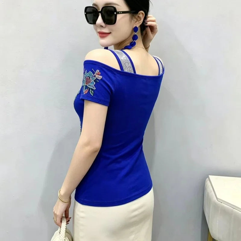 High Quality Elasticity Clothes Fashion T-Shirts Women's Sexy Off Shoulder Shiny Diamonds Mesh Tops Summer Tees Shirt