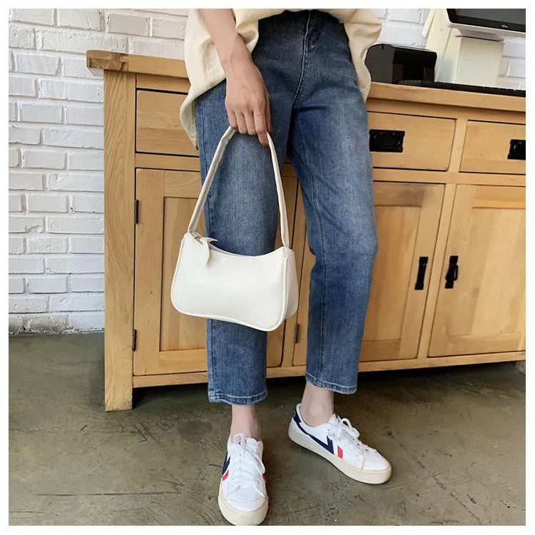 New Retro Soft PU Leather Women Shoulder Underarm Bags Casual Solid Color Small Top-Handle Handbags Ladies Fashion Shoulder Bags