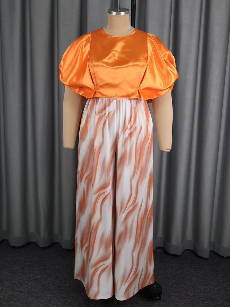Plus-size Fashion Women's Outfit: Orange Puff-sleeve Short Top + Gradient Striped High-waisted Wide-leg Drapey Long Pants Set