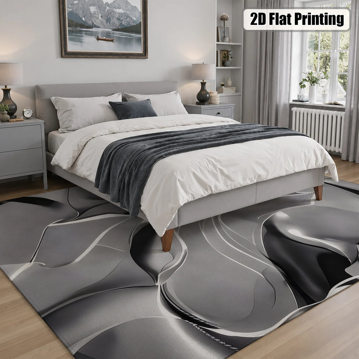 Large Indoor Area Rug, Soft Velvet Low Pile with Non-Slip Dotted Backing, Machine Washable, Abstract Silver Gray Fluid Modern Pattern for Living Room Bedroom Home Decor
