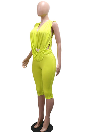 Kricesseen Sexy Solid Sleeveless V Neck Short Jumpsuit Women Summer Bodycon Capri Romper Butterfly Buckle Club Outfit Streetwear
