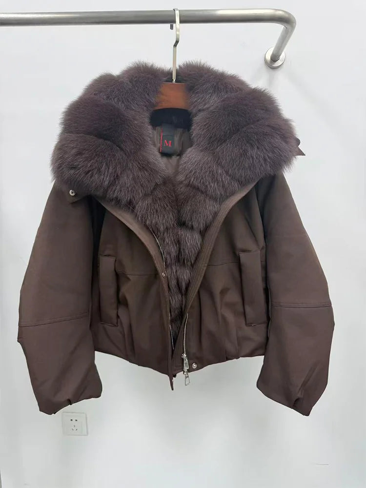New Fashion Winter Casual Puffer Jackets Natural Fox Fur Collar Coat Short Goose Down Jacket Luxury Women Parkas Clothing
