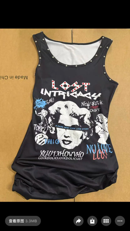 STYLISH LADY Black Graphic Print Tank Dress 2026 Summer Woemn Sleeveless O Neck Bodycon Sexy Night Out Club Mini Dress