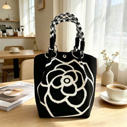1Pc Women Mini Canvas Handbag with Black Camellia Pattern, Checkered Woven Handle Small Bucket Tote Bag, Fashion Lightweight Portable Top Handle Purse for Daily Shopping Coffee Date Travel