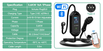 AFYEEV 3600W Portable Type2 IEC62196-2 EV Charger Type1 SAE J1772 Electric Car Charger GBT EVSE Charging Cable Wallbox EU Plug