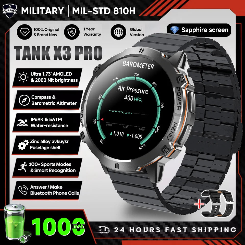 2026 New Military TANK X3 1000mAh Battery Smart Watch Men 10ATM Waterproof Swim GPS Path 1.75" AMOLED HD Call Sports Smartwatch