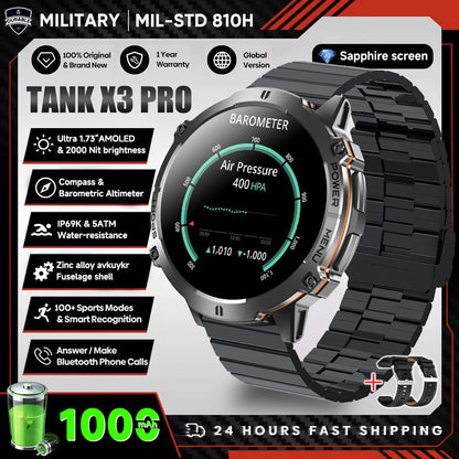 2026 New Military TANK X3 1000mAh Battery Smart Watch Men 10ATM Waterproof Swim GPS Path 1.75" AMOLED HD Call Sports Smartwatch
