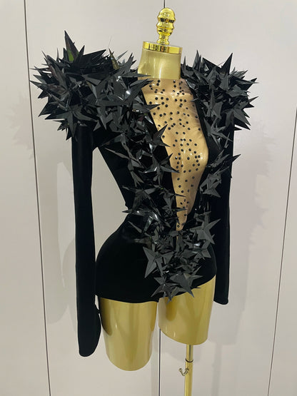 2025 New Shiny Black Rhinestone Velvet Long Sleeve Bodysuit Women Evening Party Club Gala Hosts NightClub Bar Stage Costumes