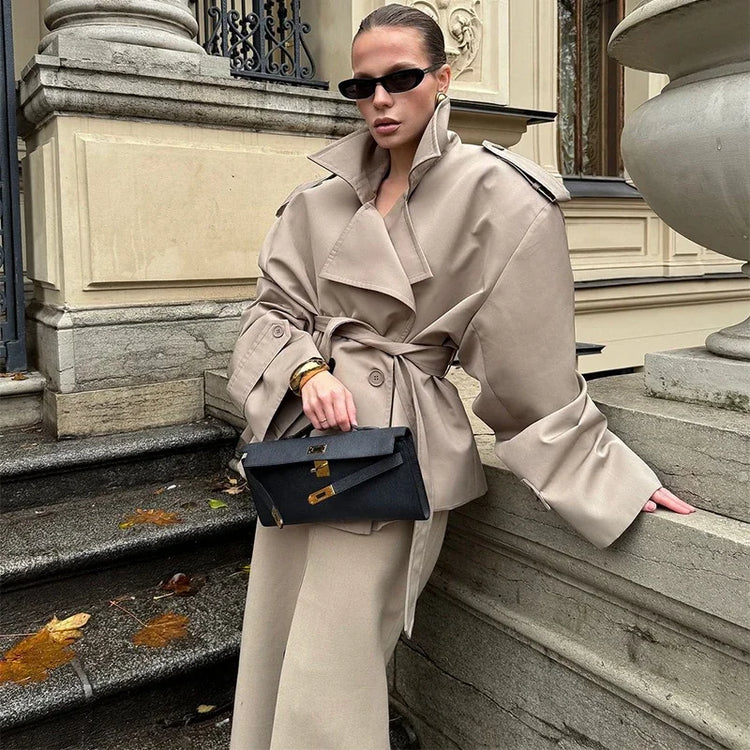 Black Stand Collar Trench Coat Women Casual Long Sleeve Single-breasted Loose Windbreaker 2026 Lady Autumn High Street Outwear