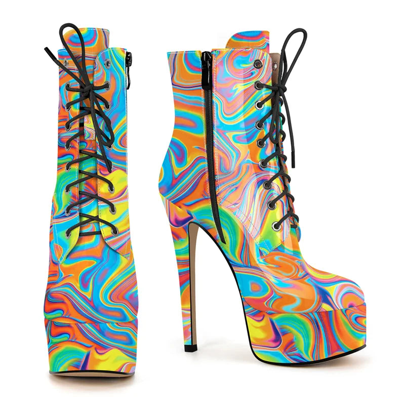 Onlymaker Women Round Toe Platform Lace-up Stiletto Printed Side Zipper Stiletto High Heel Ankle Boots