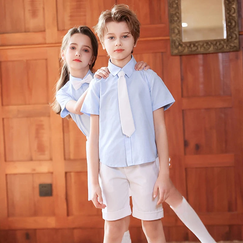 Children Summer Kindergarten School Uniforms Girls Pleated Skirts JK Suit Boys Shirt Shorts Bowtie Wedding Performance Costume