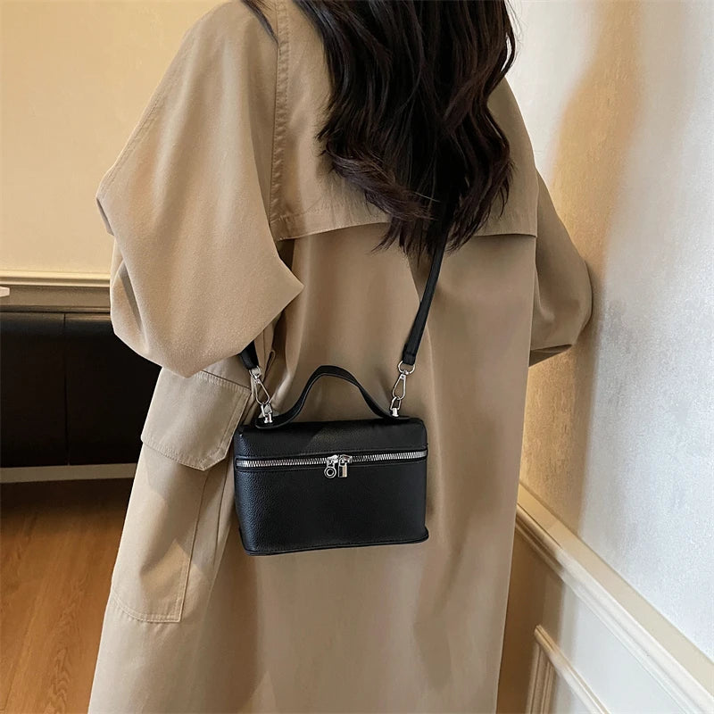 Fashionable Light Luxury Solid Color Box Bag Litchi Pattern Portable Carrying Crossbody Bag Daily Commuting Versatile Square Bag