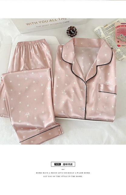 Japanese-Style Cute Girl Star Print Ice Silk Nightwear Women's Spring and Autumn Long-Sleeved Long Pants Homewear Actual Photo
